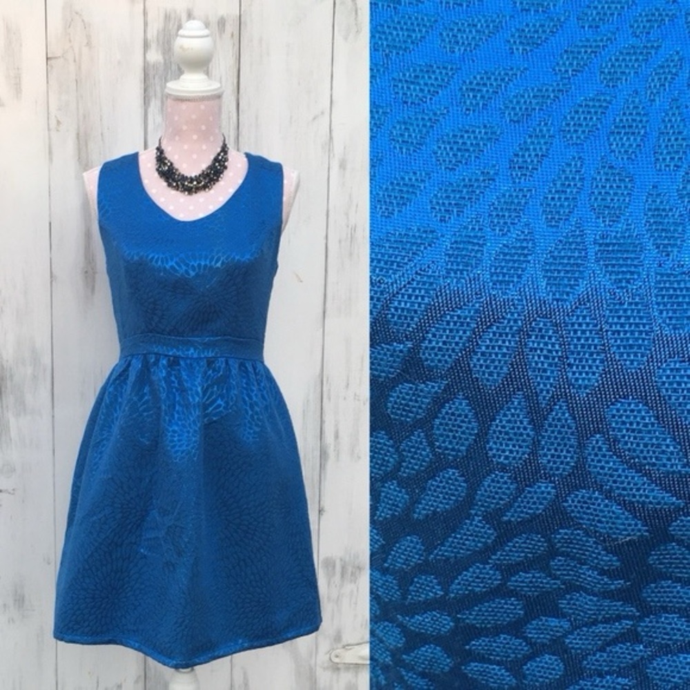 Charming Charlie Blue Metallic Jacquard Fit Flare Sleeveless Chic Dress Small S‎